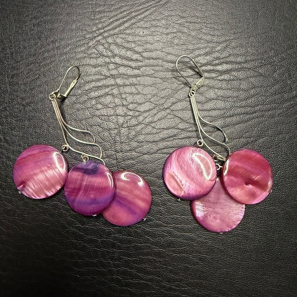 Pink Purple Shell Disc Dangle Earrings Silver Tone Leverback Iridescent Boho